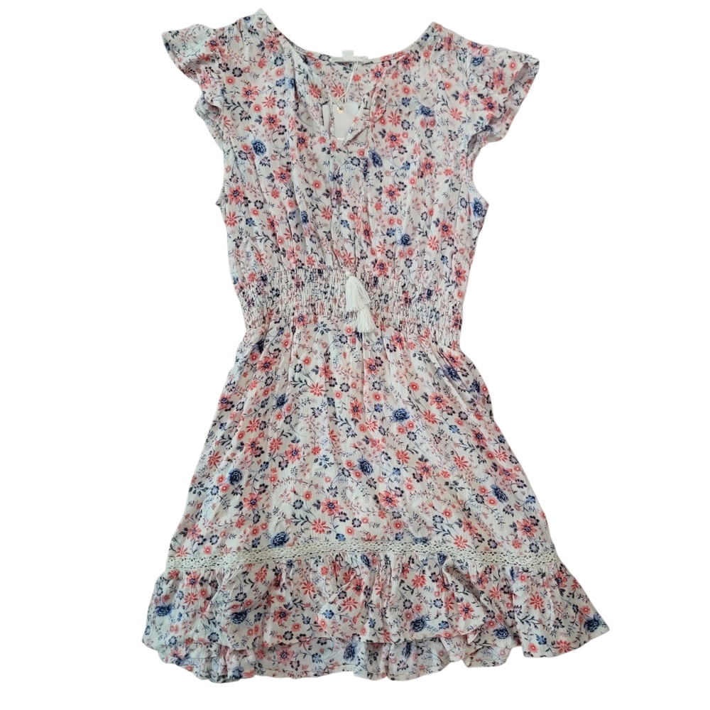 NWT Springfield Red & Blue Floral Mini Dress with Tie Front & Ruffle Sleeves - 6